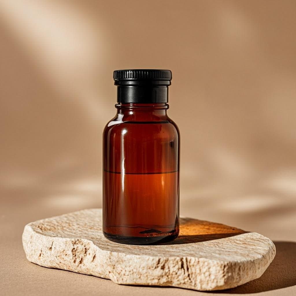 Frasco ámbar de aromacósmica Lumira sobre bandeja de piedra