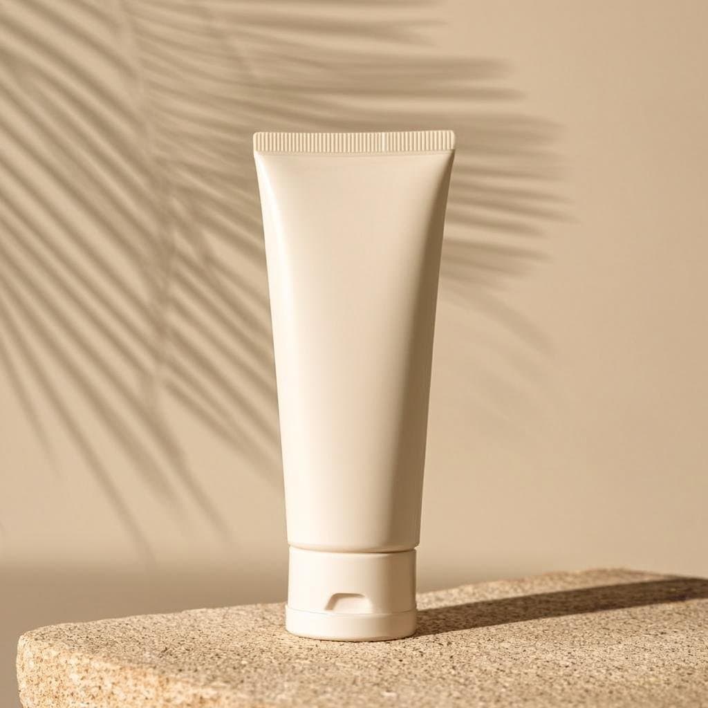 Protector solar minimalista sobre piedra cálida con sombra de palmera